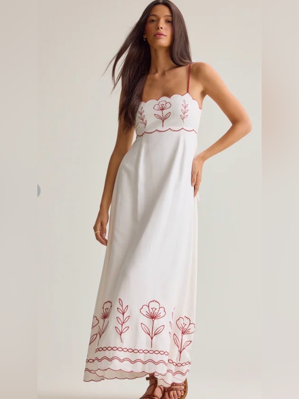 Altar'd State White Maxi Dress with Red Floral Embroidery